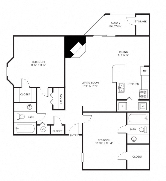 Floor plan for 2 beds, 2 baths, 890 sqft